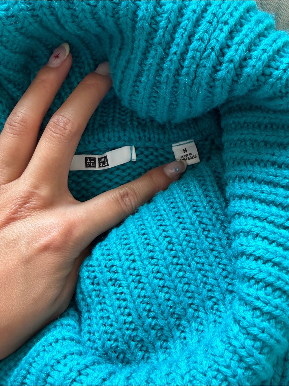 Teal Turquoise Cowl Funnel High Neck Cozy Knit Sweater - Picture 3 of 5